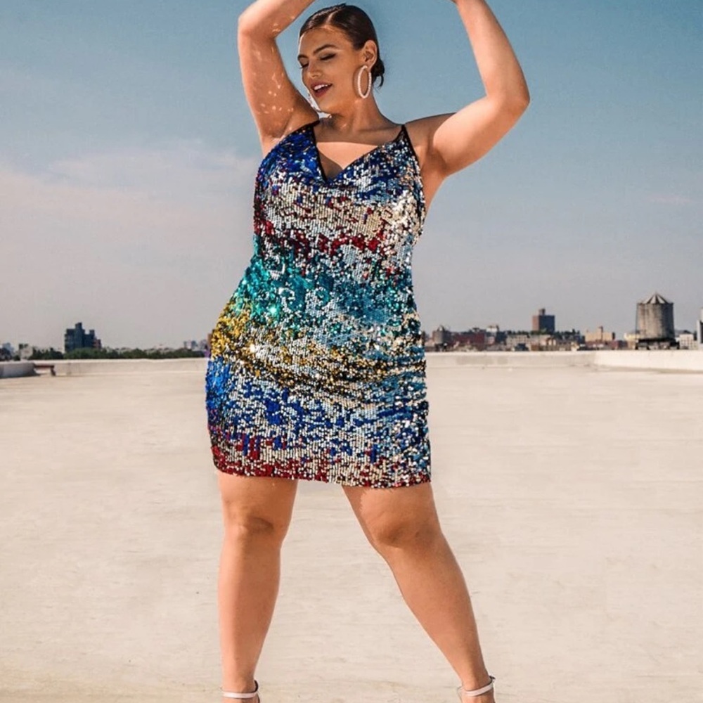 SHEIN Plus Size Rainbow Sequin Mini Dress Multicolor Bodycon Party Club Dress
